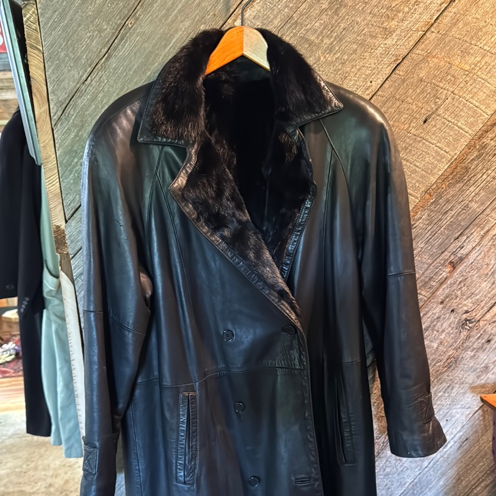 Men’s Black Leather Trench coat with full Mink Liner